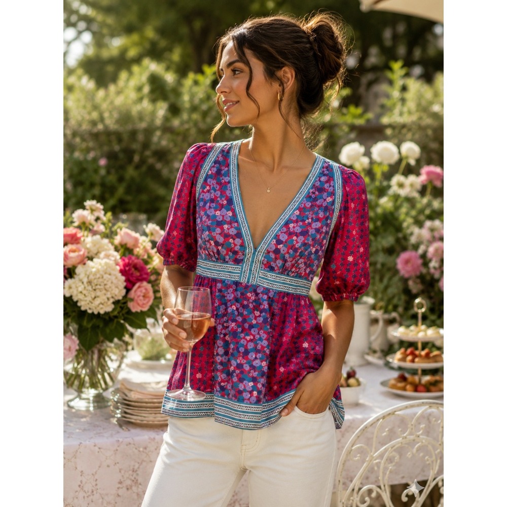 Marc Jacobs Floral V-Neck Empire Waist Puff Sleeve Blouse Size 8